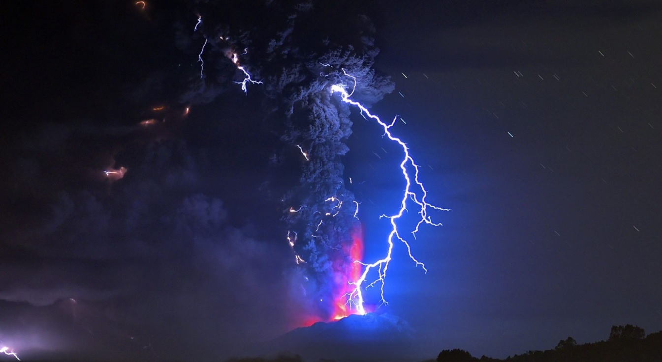 Lightning bursts out of the ash cloud following an eruption in Chile.