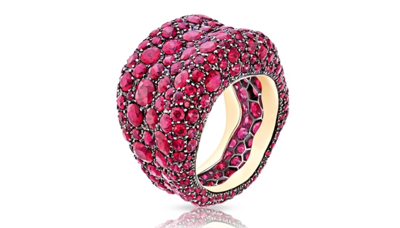 The Emotion Collection, infused with intense colour, explores the intellectual and artistic richness of Fabergé's world. These bold and daring jewels, pushing the boundaries of design and craftsmanship in true Fabergé spirit, explore Bohemian, Impressionist and Fauvist views of vivid colour as an emotional force and an expression of feeling. Emotion Ruby Ring features round rubies, set in 18 karat yellow gold.