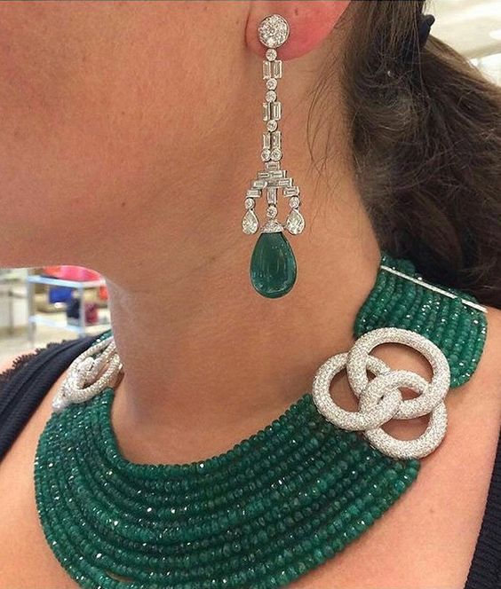 Spectacular Emerald and Diamond Necklace and Earrings