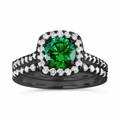 1.87 Carat Green Diamond Engagement Ring Set, Vintage Engagement Ring Sets, Wedding Ring Set, 14K Black Gold Unique Halo Certified Handmade