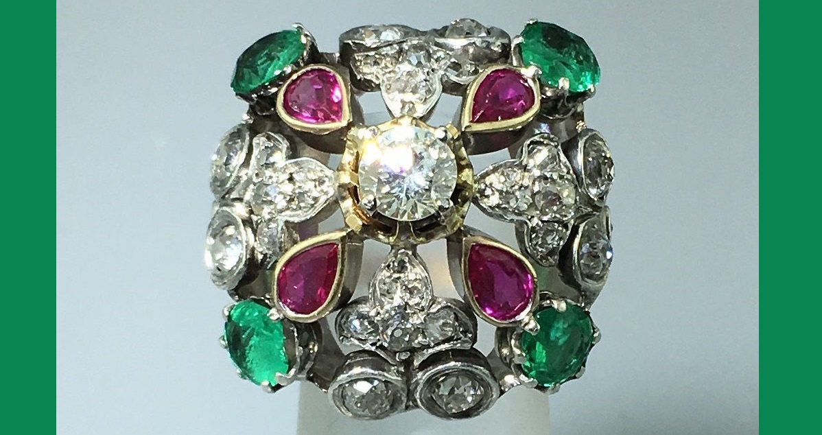 Antique 14k Yellow Gold Ring with Diamonds, Rubies, and Emeralds