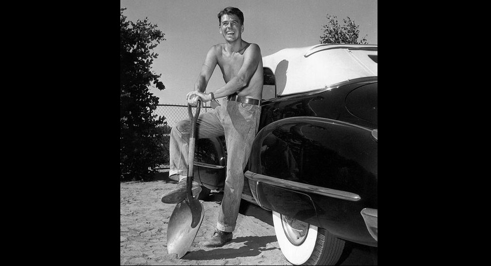 Ronald Reagan 1948: American leading man and future President of the United States Ronald Reagan, ready to start digging next to his Cadillac Convertible.