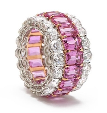 A Gorgeous 12.28 Carats Emerald Cut Pink Sapphire and 8.26 Carats Diamond Platinum and 18k Pink Gold Band