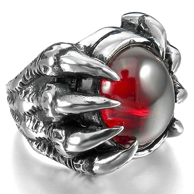 Bishilin Mens Stainless Steel Silver Dragon Claw Rings with Red Agate
