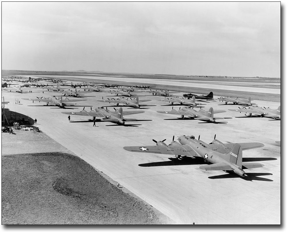 Boeing B-17 Flying Fortresses lined-up at Salina Air Base in Salina, Kansas during WWII.