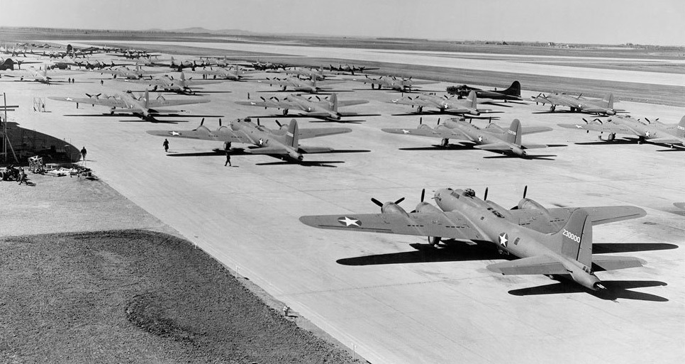 Boeing B-17 Flying Fortresses lined-up at Salina Air Base in Salina, Kansas during WWII. 
