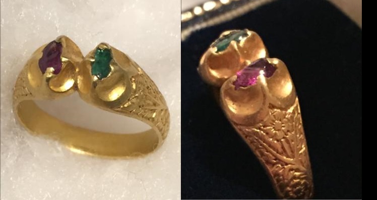 Medieval gold ring, engraved with flowers and set with ruby and emerald gemstones