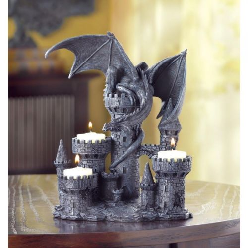 Medieval Winged Dragon Statue on Castle Tower Tealight Candle Holder