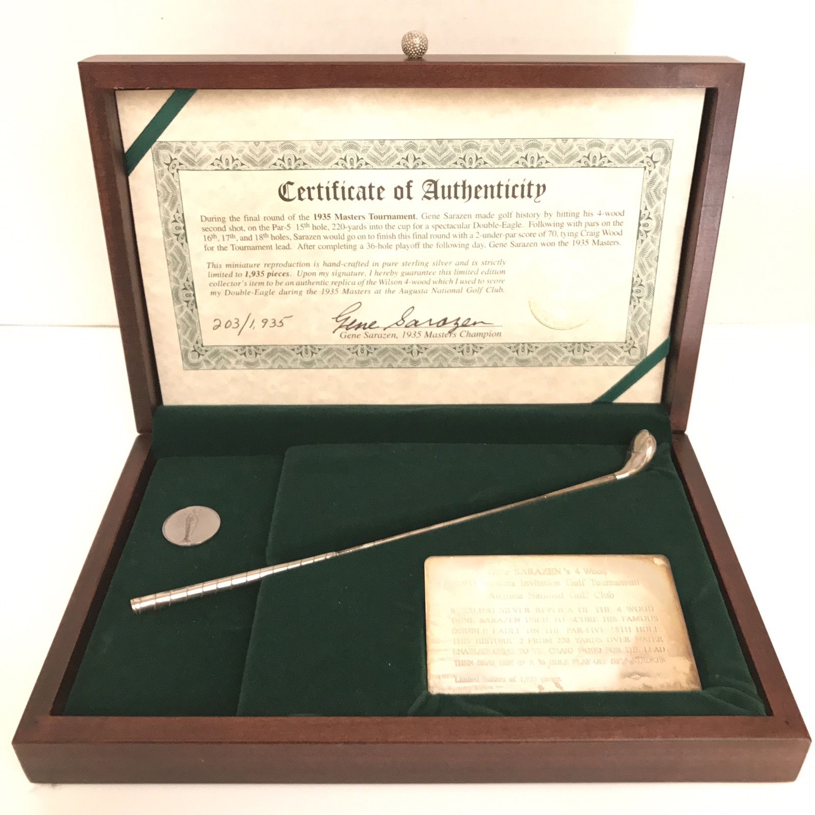 Gene Sarazen Signed Ltd Ed. - 1935 Masters .925 Sterling Silver 4 Wood Golf Rare