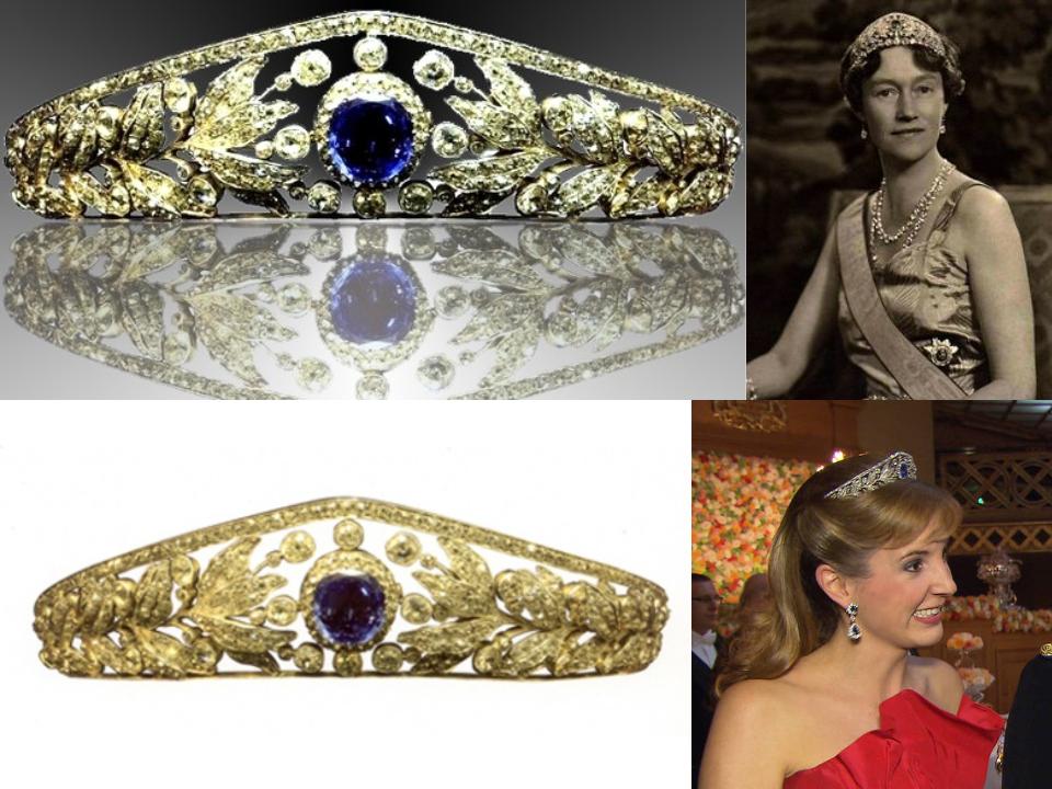 The Nassau Tiara Though this tiara is by no means simple, it is still the most simplistic tiara on this list in terms of the amount of stones used, as well as the intricacy of the design. The Nassau Tiara, which was most likely created sometime between 1865 and 1870, showcases a large cushion-shaped blue sapphire that can be removed and worn separately. A floral motif displaying leaves and berries, comprised of rose-cut diamonds, brilliant diamonds, yellow gold, and white gold, and surrounds the sapphire on both sides. This regal piece once belonged to the wife of the Grand Duke of Luxembourg, Princess Adelheid-Marie of Anhalt-Dessau, who was the Duchess of Luxembourg between 1890 and 1905.