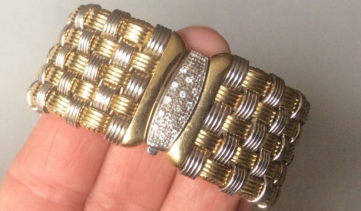 OTC ITALY 18k Two-Tone Gold Wide Mesh Bracelet w Diamond Clasp 7.5"
