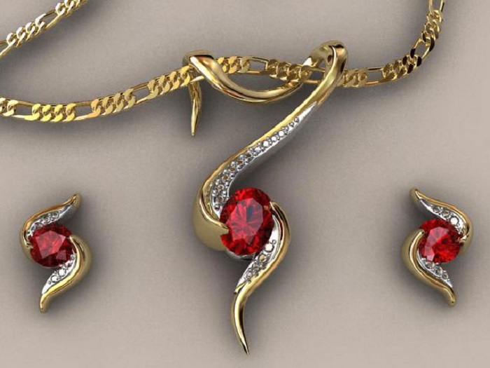 Custom Red Zircon Necklace and Earring Set