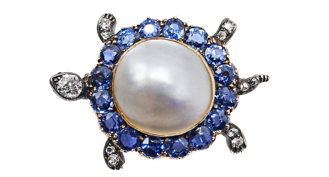 Victorian Montana Sapphire Diamond Pearl Turtle Pin