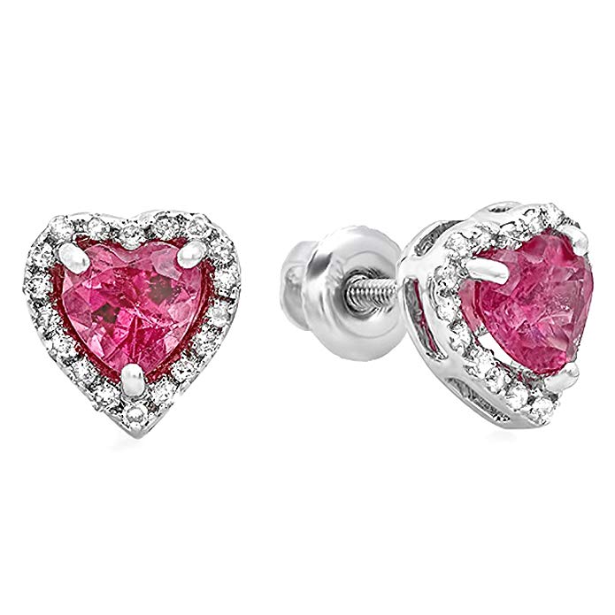 10K White Gold Heart Shape Pink Tourmaline & Round Diamonds Ladies Halo Stud Earrings
