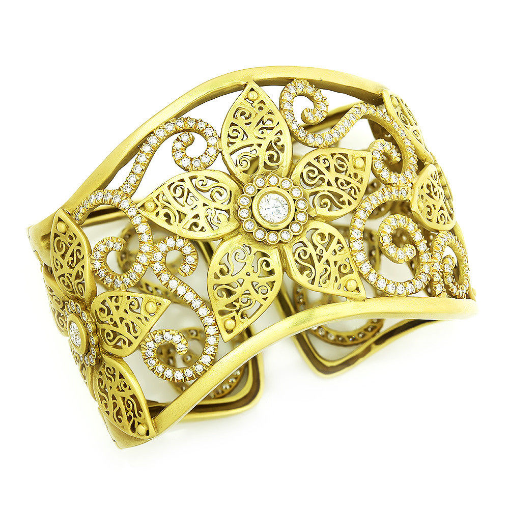 Kieselstein-Cord Diamond Flower Cuff Bracelet 18K Yellow Gold 5.85ctw